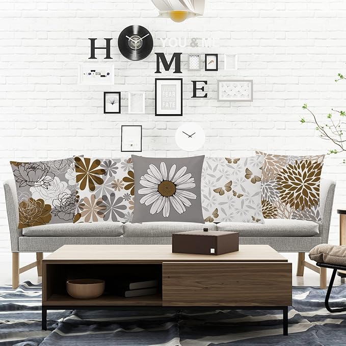 COMMINY Brown Grey Pillow Covers 16x16 Set of 6 Decorative Daisy Flower Throw Pillow Cover for Couch Modern Farmhouse Cushion Cover for Sofa Outdoor Patio Bed Living Room Home Decor