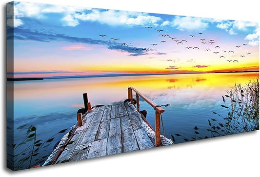 XXMWallArt FC2275 Jetty In The Sunset Lake Wall Art Canvas Prints Painting Nature Pictures Framed Landscape Paintings Canvas Wall Art for Living Room Bedroom Kitchen Home and Office Wall Decor