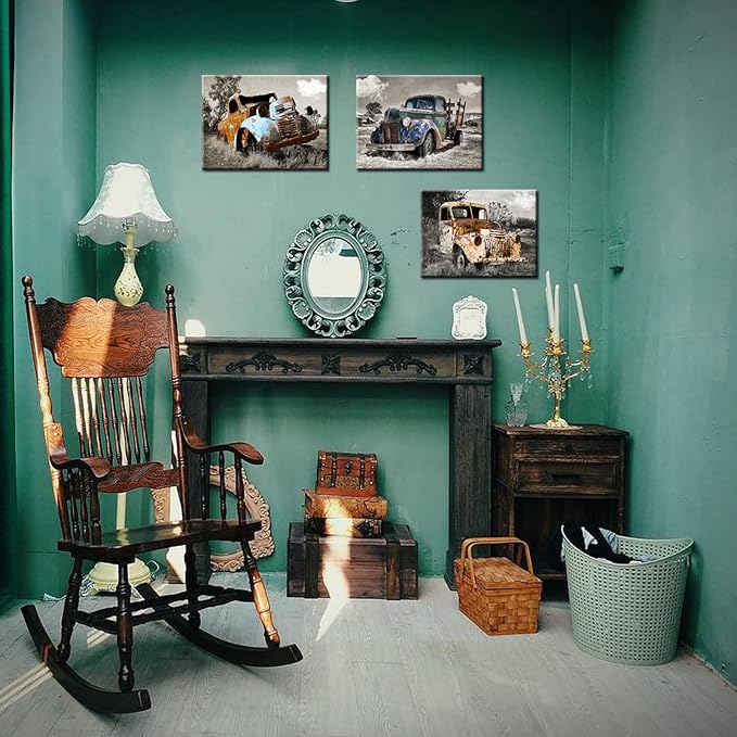 YUANAND Rusty Truck Canvas Wall Art - Vintage Blue Car Pictures Living Room Decor - Country Style Artwork Framed Posters Paintings