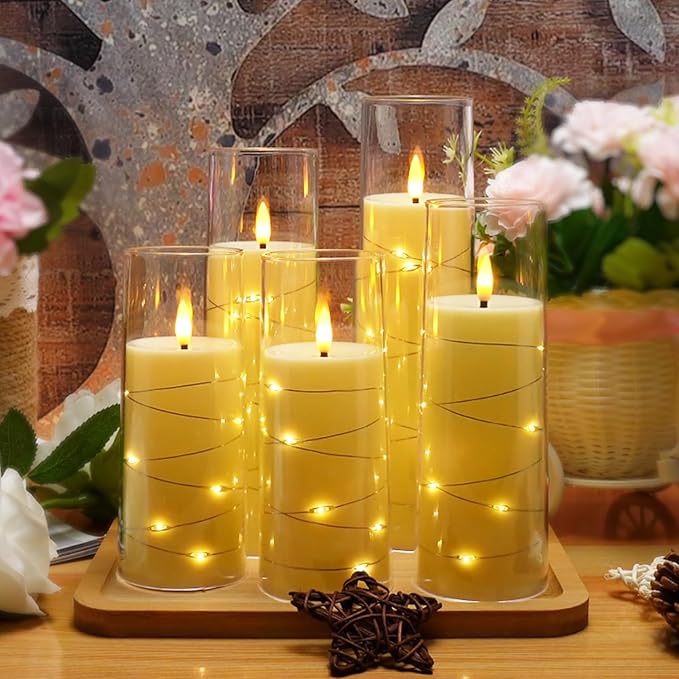 Flameless LED Candles with Timer 5 Pc Flickering Flameless Candles for Romantic Ambiance and Home Decoration Stable Acrylic Shell,with Embedded Star String,Battery Operated Candles(Ivory)