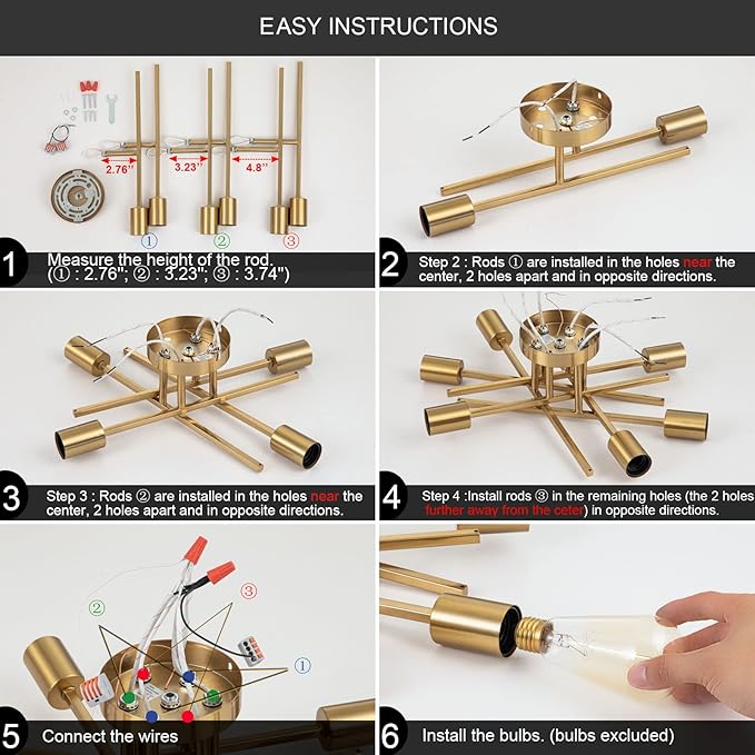 Sputnik Chandeliers, Modern Semi Flush Mount Ceiling Light with E26 Base, Mid Century Industrial Kitchen Farmhouse Light Fixtures for Bedroom Living Room (Brass, Ceiling 6 Lights)