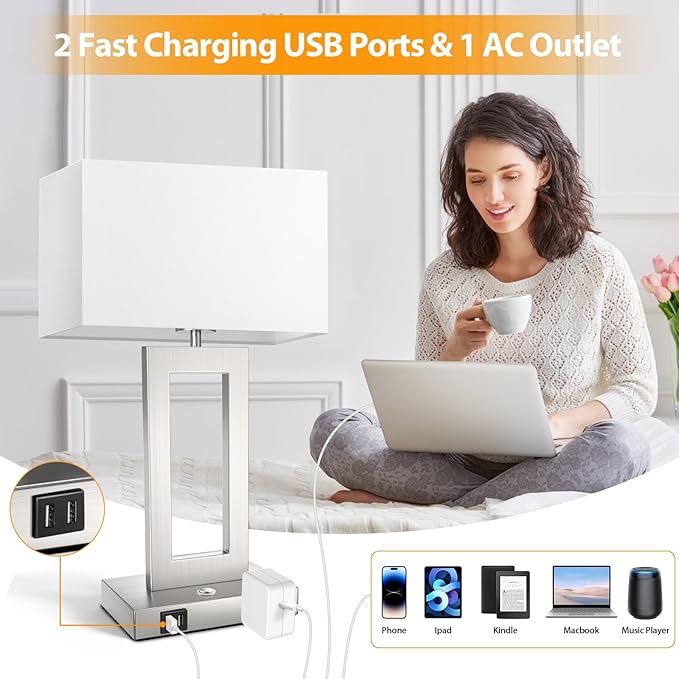 3 Color Temperatures Touch Control Table Lamps Set of 2, Stepless Dimmable Bedside Lamps with 2 USB Ports&AC Outlet, Modern Nightstand Lamps for Bedroom Living Room, Bulbs Included, Silver&White