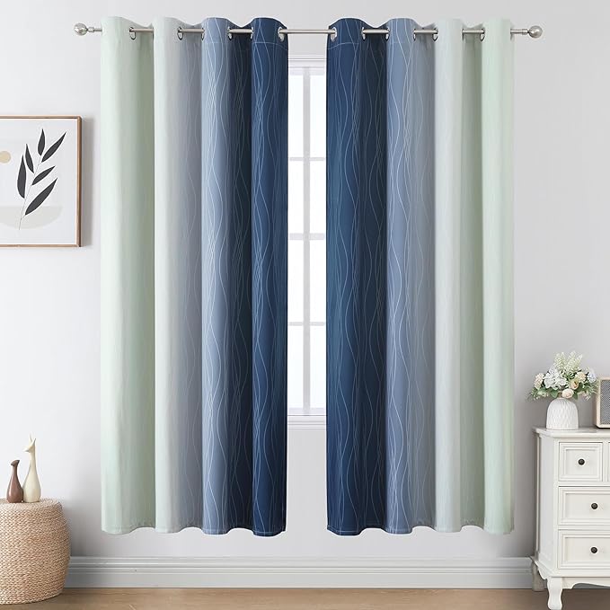 Estelar Textiler Navy Blue and Sage Green Ombre Blackout Curtains 72 Inch Length 2 Panels, Full Room Darkening Grommet Curtains for Bedroom, Thermal Insulated Light Blocking Gradient Drapes,52Wx72L