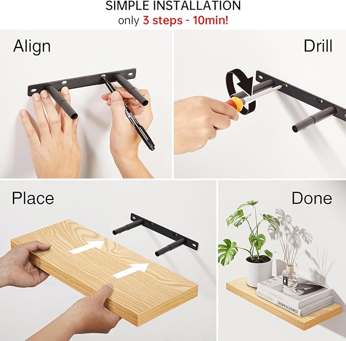 BAYKA Floating Shelves for Wall, Wall Mounted Rustic Wood Shelves for Bathroom, Bedroom, Living Room, Kitchen,Small Hanging Shelf for Books/Storage/Room Decor (Oak-Toned, Set of 3, 15.7in)