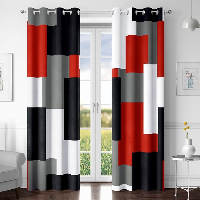 Red Black 100% Blackout Curtains for Bedroom 108 inch Extra Long 2 Panels Set White Grey Modern Abstract Geometric Black Out Curtains Room Darkening Window Drapes for Living Room, 52Wx108L