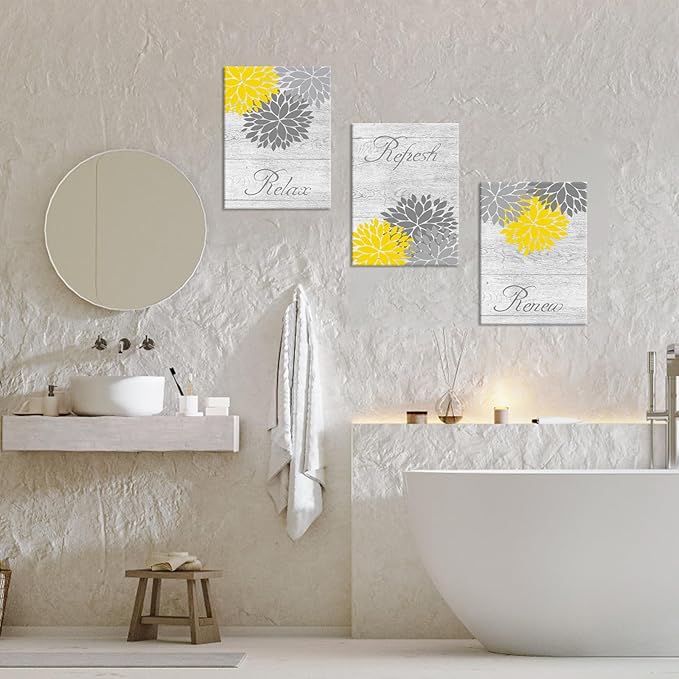 Zlove Yellow and Grey Bathroom Decor, Dahlia Flower Pictures Wall Art - Relax Refresh Renew Bathroom Pictures Wall Decor, 12"X16", 3Pcs