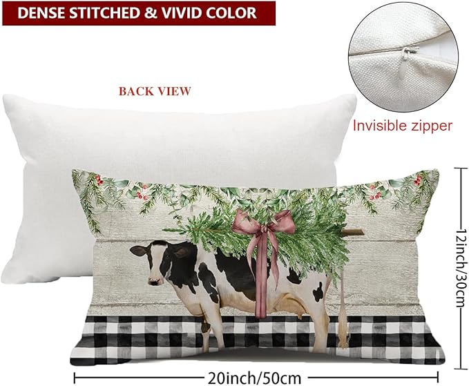Farmhouse Christmas Pillow Covers 12x20 Inch Buffalo Plaid Xmas Tree Bowknot Winter Holiday Decoration Rustic Xmas Dairy Cow Throw Pillows Decor Cushion Case for Sofa Couch