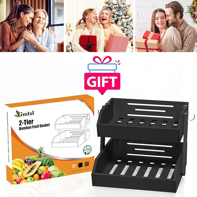 Bamboo Fruit Basket for Kitchen– 2 Tier Fruit Bowl For Kitchen Counter, Large Fruit Holder With 2 Banana Hangers, Idea For Fruit and Vegetable Storage, Bread Basket, Snack Organizer(BLACK)