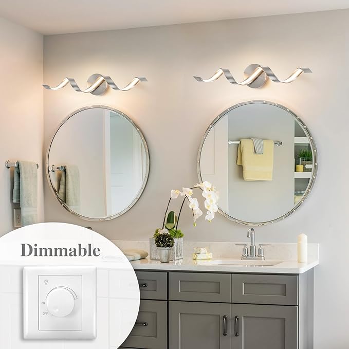 Dimmable Modern LED Bathroom Vanity Light, 24 inch Spiral Design Brushed Nickel Bathroom Light Fixtures Over Mirror, Bath Wall Sconces Lighting for Living Room Bedroom 3000K