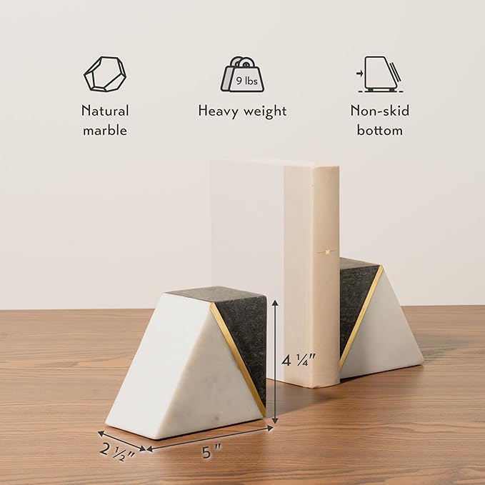 Cork & Mill Marble Book Ends for Shelves, Decorative Bookends for Heavy Books, Unique Mid Century Modern Gray and White Bookends with Brass Inlay, Heavy Duty Bookshelf Stopper, Set of 2