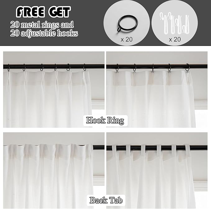 Off White Thick Linen Semi Sheer Pinch Pleated Curtains 96 Inches Long, 50 Inches Width, Elegant Light Filtering Drapes Set of 2, Window Curtain with Hooks