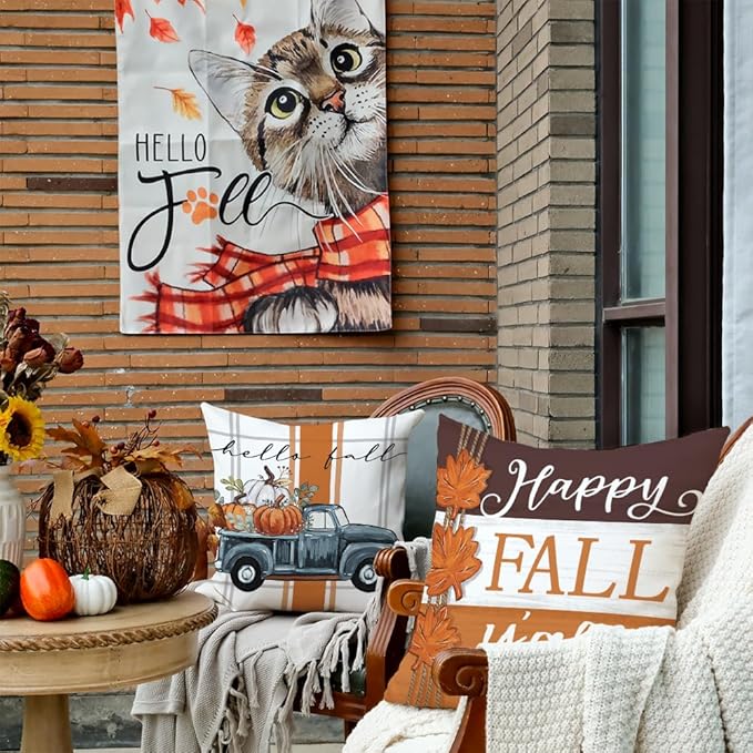 GEEORY Fall Pillow Covers 20 x 20 Inch Set of 4, Happy Fall Y'all Stripes Pumpkins Mason Jar Thankful Decor, Cushion Cases for Farmhouse Home Party Sofa Couch (Brown) G355-20