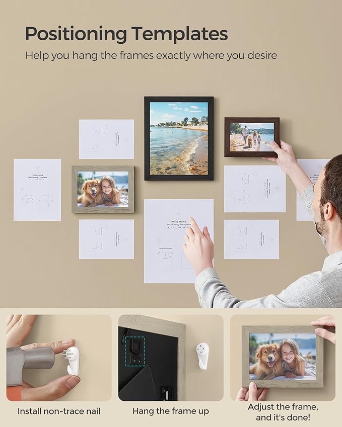 SONGMICS Picture Frames, Collage Picture Frames Set of 10, Two 8x10, Four 5x7, Four 4x6, Photo Frame for Wall Gallery Decor, Table Display, Glass, Maroon Brown, Heather Greige, Ash Black URPF010K03