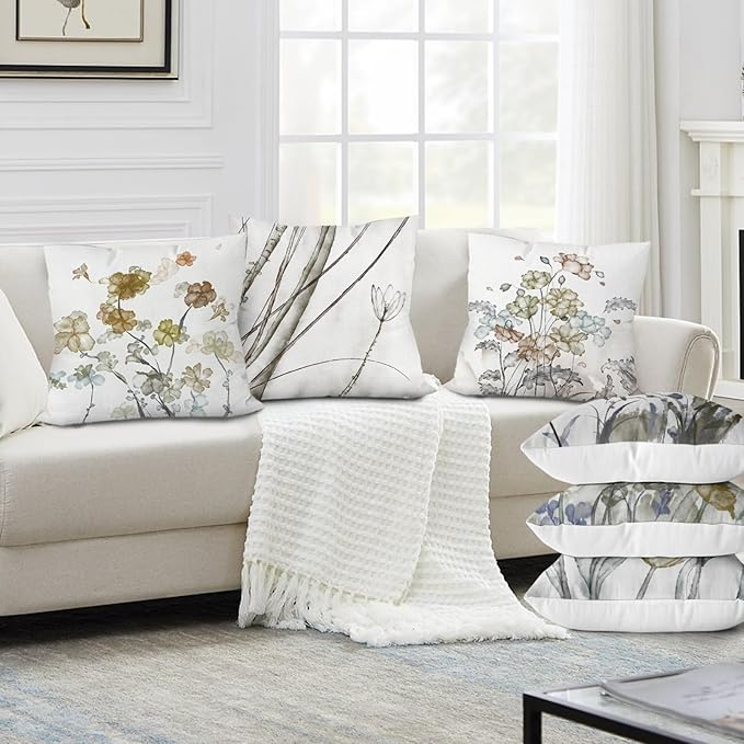 COMMINY Sage Green Flower Pillow Cover 18x18 Set of 6 Minimalist Modern Throw Pillow Cover Square Cushion Covers for Couch Sofa Living Room Home Decor