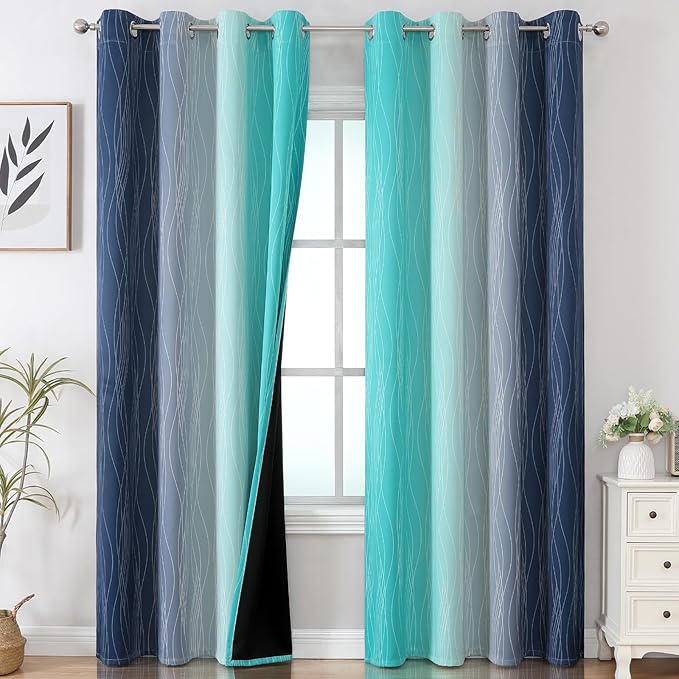 Estelar Textiler Navy Blue and Teal Gradient Blackout Curtains 102 Inches Long for Bedroom, Thermal Insulated Full Room Darkening Ombre Gray Grommet Drapes for Living Room, 52Wx102L, 2 Panels