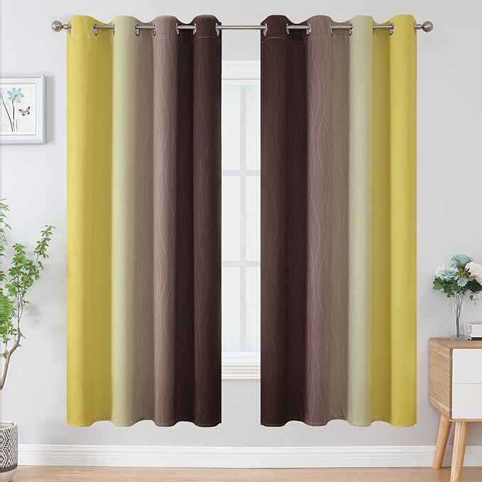 Estelar Textiler Brown and Yellow Blackout Curtains for Living Room, Full Room Darkening Grommet Ombre Curtains for Bedroom, Thermal Insulated Light Blocking Gradient Drapes, 52Wx72L, 2 Panels