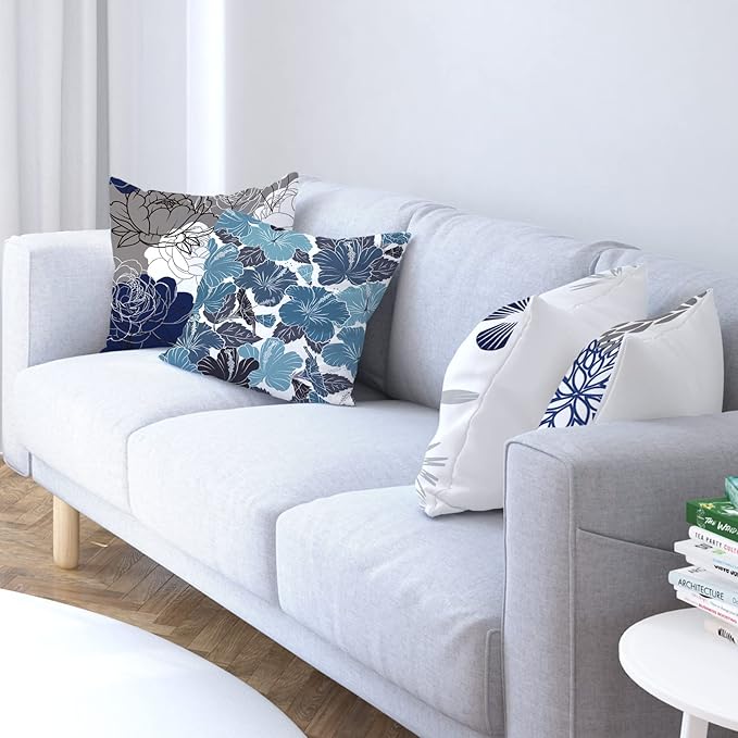 COMMINY Blue Grey Pillow Covers 20x20 Set of 6 Decorative Daisy Flower Throw Pillow Cover for Couch Modern Farmhouse Cushion Cover for Living Room Bed Patio Home Decor