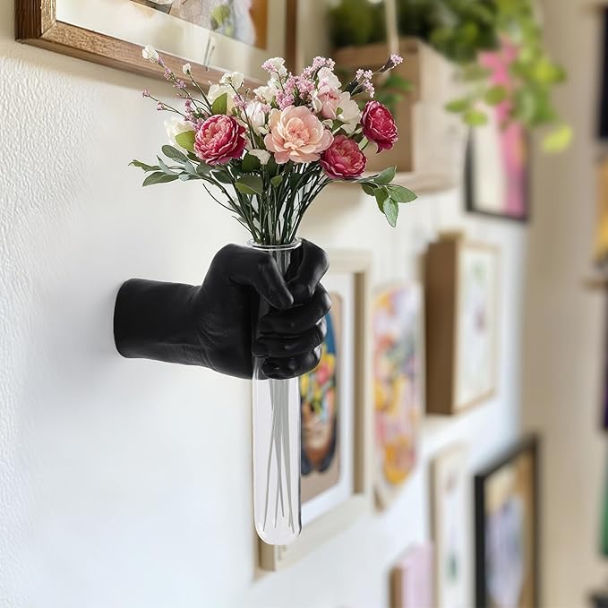 2 Pieces Wall Sculptures, Hands Vase Home Decor, Wall Mount Art Sculpture, Unique Wall Art Statue, Funky Flower Vase Decorations, Modern Eclectic Hanging Decor,Hands Statue (Black)