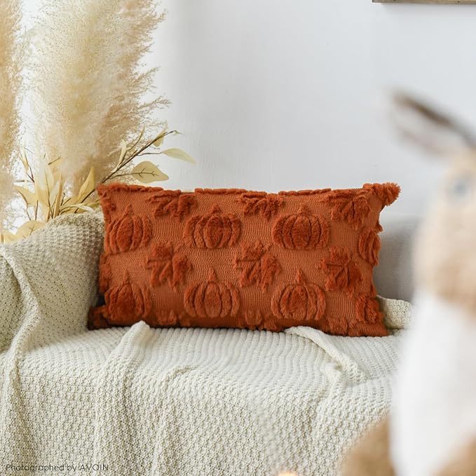 AVOIN colorlife Fall Pumpkin Maple Leaves Caramel Throw Pillow Covers, 12 x 20 Inch Seasonal Autumn Thanksgiving Harvest Soft Plush Faux Fur Jacquard Cushion Case Decoration for Sofa Set of 2