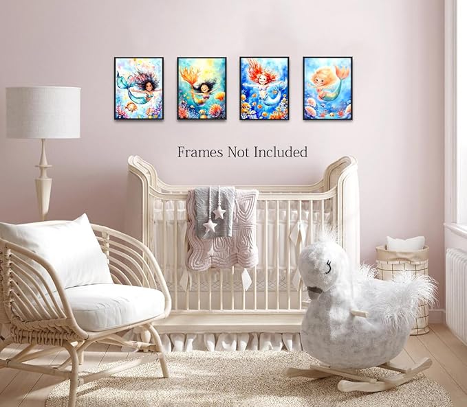 LNLAGBO Mermaid Wall Art Bathroom Decor,Mermaid Wall Art Print Girl Room Decor,Ocean Animals Bathroom Wall Decor for Kids Bedroom Nursery Set of 4(8"x10"Unframed)