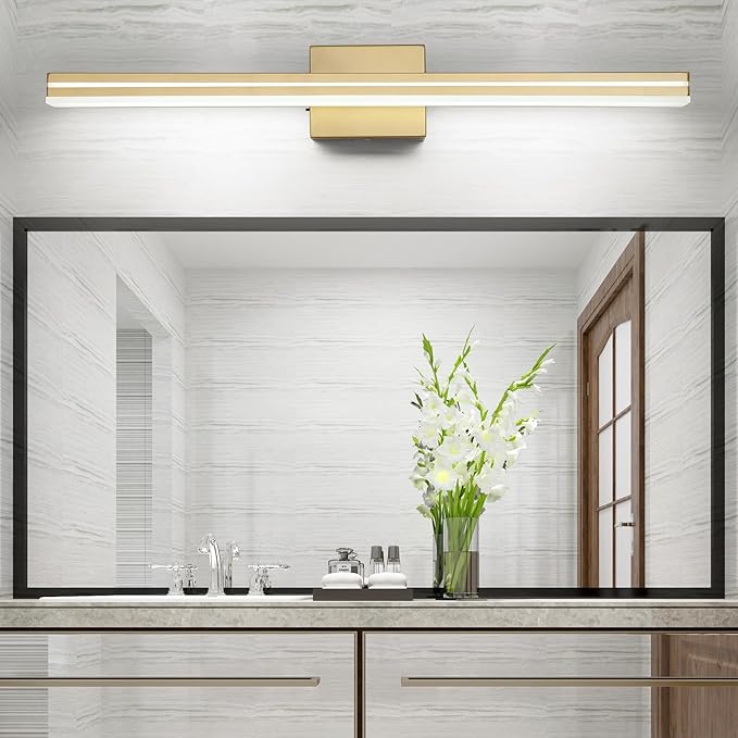 SineRise LED Modern Bathroom Vanity Light Fixtures (32-Inch, 3000K/4000K/6000K, Dimmable), Gold Modern Acrylic Bathroom Wall Lighting Fixtures Over Mirror