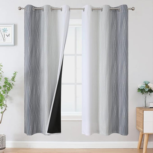 Estelar Textiler Full Room Darkening Greyish White and Grey Blackout Curtains for Living Room, Ombre Thermal Insulated Full Light Blocking Grommet Gray Blackout Drapes for Bedroom, 42Wx72L, 2 Panels