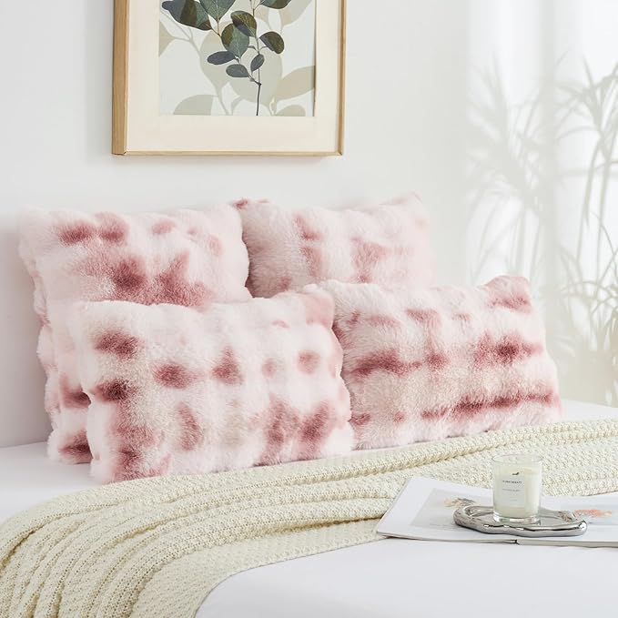 FUTEI Pink White Decorative Throw Pillow Covers 22x22 Inch Set of 2,Soft Fuzzy Faux Rabbit Fur Cushion Covers with Raised Texture,Neutral Boho Home Decor for Couch Bed Living Room