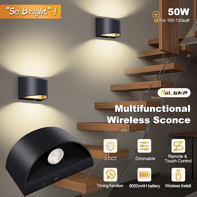 Battery Operated Wall Sconces Set of 2, 8000mAh Rechargeable Wireless Remote & Touch Control Battery Wall Lights, 3 Color Temperatures, Timer Cordless Dimmable Light for Bedroom, Living Room, Hallway