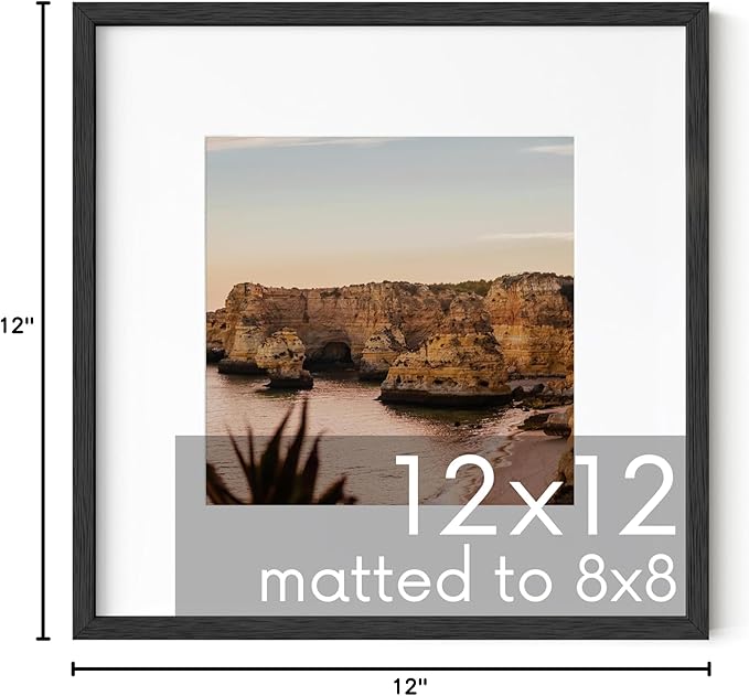 HAUS AND HUES Solid Oak 12”x12” Picture Frame Matted to 8”x8” - Square Picture Frame 12x12, Black Frame for Gallery Wall, 12 x 12 Square Frame, 12x12 Frame with Mat (Black Frame)