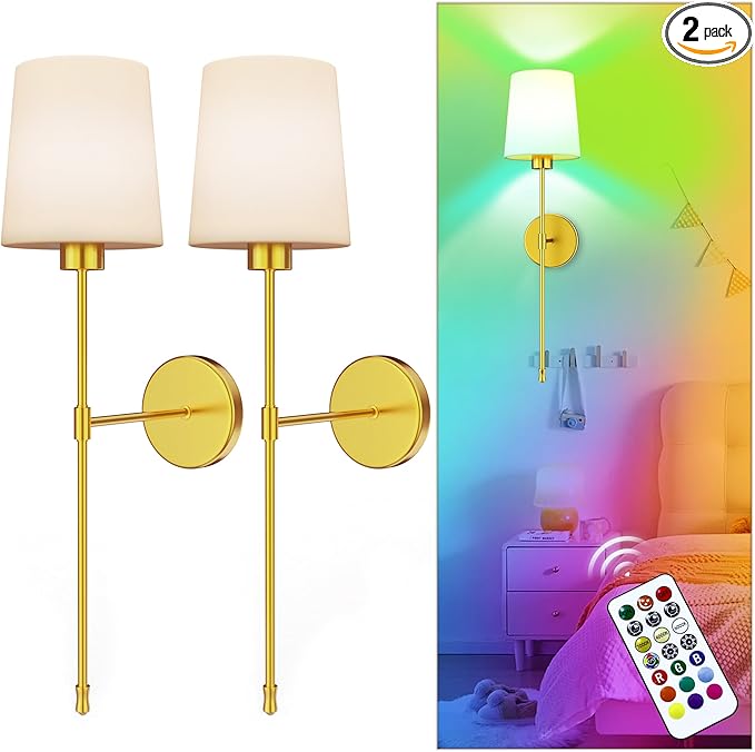 10000mAh Battery Operated Wall Sconces Set of Two, Wireless Sconces Set of 2 Wall Light with RGB Rechargeable Magnetic Bulb, Sconces Wall Decor Set of 2 for Bedroom Living Room, Gold