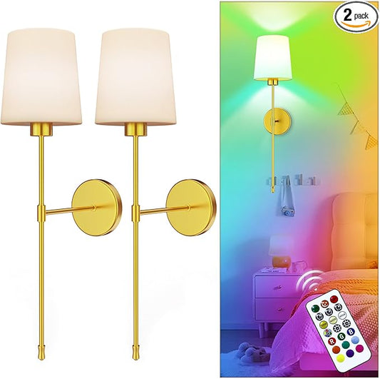 10000mAh Battery Operated Wall Sconces Set of Two, Wireless Sconces Set of 2 Wall Light with RGB Rechargeable Magnetic Bulb, Sconces Wall Decor Set of 2 for Bedroom Living Room, Gold