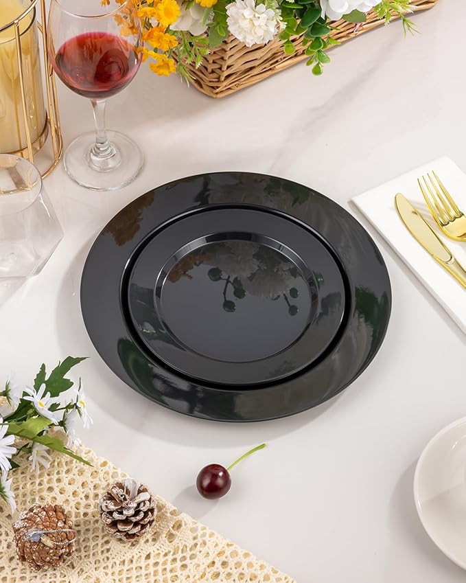 50PCS Black Plastic Plates, 10.25 Inch Disposable Dinner Plate Party, Heavy Duty Disposable Plastic Plates - Ideal for Halloween Parties, Wedding and Birthday, Everyday Meals Use