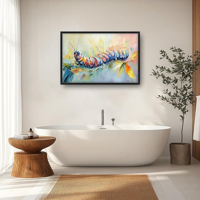 Extra Large Framed Abstract Caterpillar Wall Art,Colorful Cute Caterpillar Leaves Wall Decor Pictures for Living Room,Canvas Print Painting Modern Artwork Bedroom Office Bathroom 36L x24W