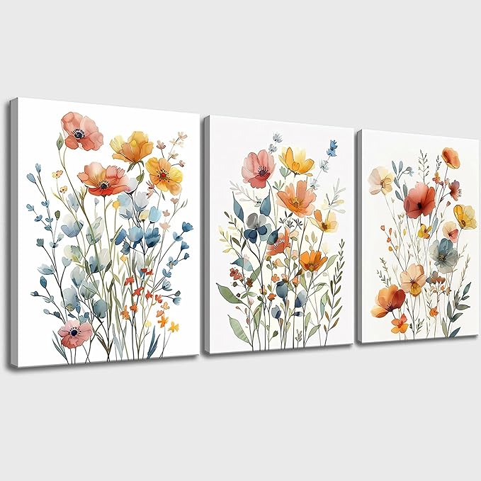 Watercolor Flowers Bathroom Canvas Wall Art, Colorful Wildflower Wall Decor Poster Prints Botanical Artwork for Living Room Bedroom Bathroom Farmhouse Decor 16x24x3pcs