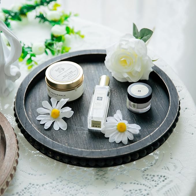 Decor 12in Round Tray for Home Decor- Black Wood Beaded Tray, Decorative Round Tray for Living Room Decor, Coffee Table Decor, Kitchen Table Decor or Farmhouse Serving Tray