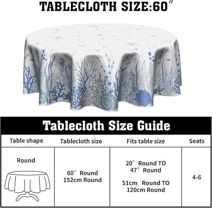 Summer Coastal Table Cloth Round 60 Inch Blue Ocean Coral Tablecloth Round Nautical Coastal Round Table Cloths Farmhouse Beach Theme Wallpaper Decoration for Home Kitchen Dining Room Party Picnic