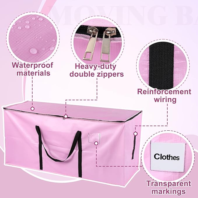 66 Gallon Extra Large Moving Bags - Heavy Duty Storage Bags with Zipper & Strong Handles, Pink Packing Bag for Moving, Storage, Travel and Camping, College Dorm & Home Supplies, 4 Pcs
