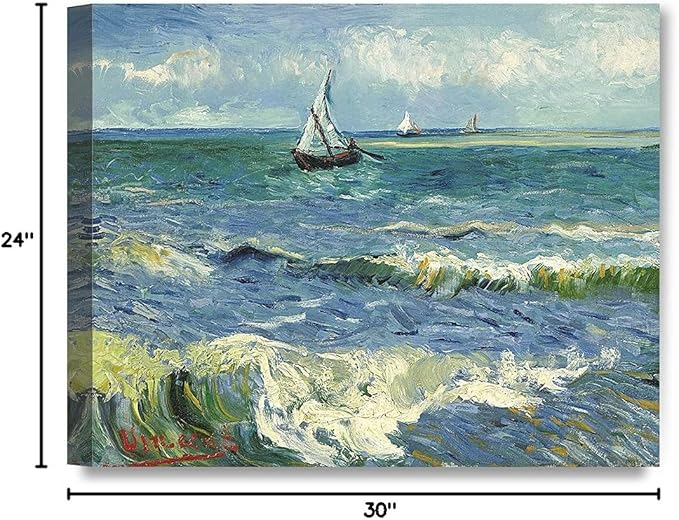 DECORARTS - The Sea at Les Saintes-Maries-de-la-Mer, Vincent Van Gogh Art Reproduction. Giclee Canvas Prints Wall Art for Home Decor 30x24