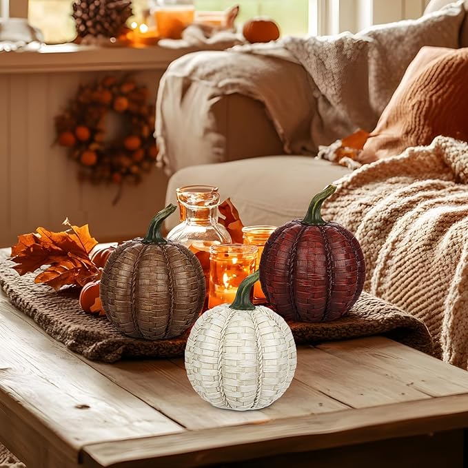 Oairse 6 Inch Large Artificial Pumpkins, 3 Pcs Fall Pumpkin Decor Beige Dark Red Brown Faux Resin Pumpkins Woven Pumpkin Centerpiece for Rustic Farmhouse Fall Thanksgiving Autumn Harvest Table Decor