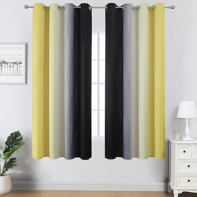 Estelar Textiler Yellow and Black Ombre Blackout Curtains for Bedroom, Full Room Darkening Grommet Curtains for Living Room, Thermal Insulated Light Blocking Gradient Drapes, 52Wx63L,2 Panels
