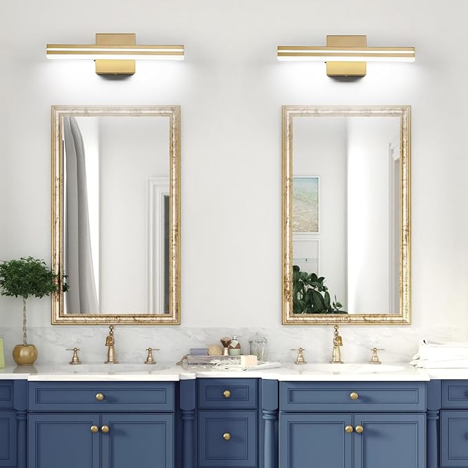 SineRise LED Modern Bathroom Vanity Light Fixtures (16-Inch, 3000K/4000K/6000K, Dimmable), Gold Modern Acrylic Bathroom Wall Lighting Fixtures Over Mirror