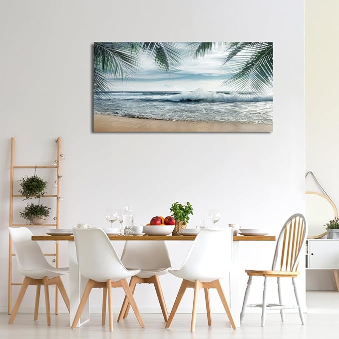 arteWOODS Tropical Beach Canvas Wall Art - Ocean Waves Pictures Coastal Oceanic Blue Sky and Sea Print Seaside Palm Tree Leaves Scene Painting Artwork Living Room Bedroom Office Home Decor 20" x 40"