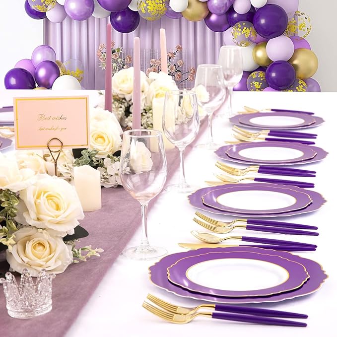 WDF 30Guest Purple Plastic Plates with Gold Rim & Disposable Gold Plastic Silverware With Purple Handle - Baroque Party Plates Mardi Gras Plate for Birthday Parties