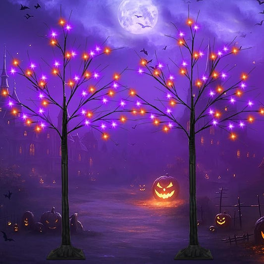 2-Pack 4FT Lighted Black Halloween Tree with 96 LED Orange & Purple Lights (Higher Size & Floor Standing), Halloween Decorations Spooky Tree for Indoor & Outdoor, Home Holiday Party Garden Lawns Decor