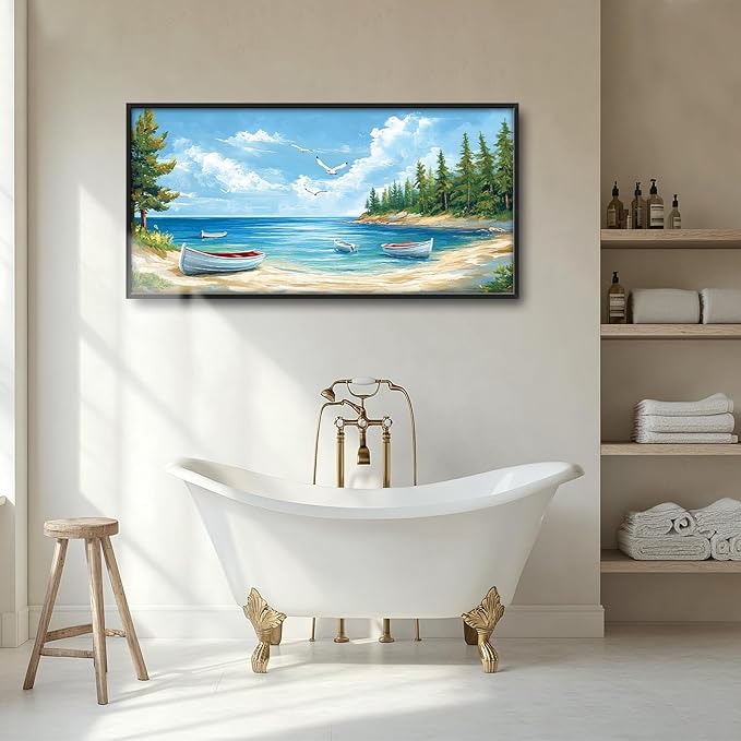 Framed Large Wall Art for Living Room, Beach Boat Canvas Wall Decor, Large Coast Sailboat Picture Framed Painting, Modern Artwork for Bedroom Office 60L'' × 30W''