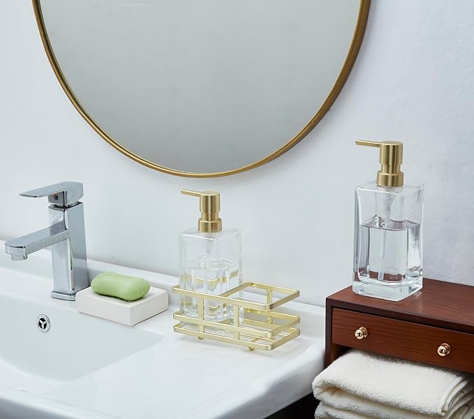 Square Glass Clear Lotion and Soap Pump Dispenser Set with Metal Stand Caddy for Bathroom Bath Kitchen Home Office Travel Hotel Hand Crafted Heavy Weight Brushed Gold