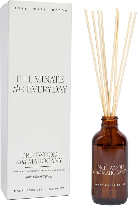 Sweet Water Decor Driftwood and Mahogany Reed Diffuser Set for Home - Lavender, Geranium, Mahogany, Wood Scented Reed Diffusers - Air Freshener Lasts 4+ Months, Made in The USA