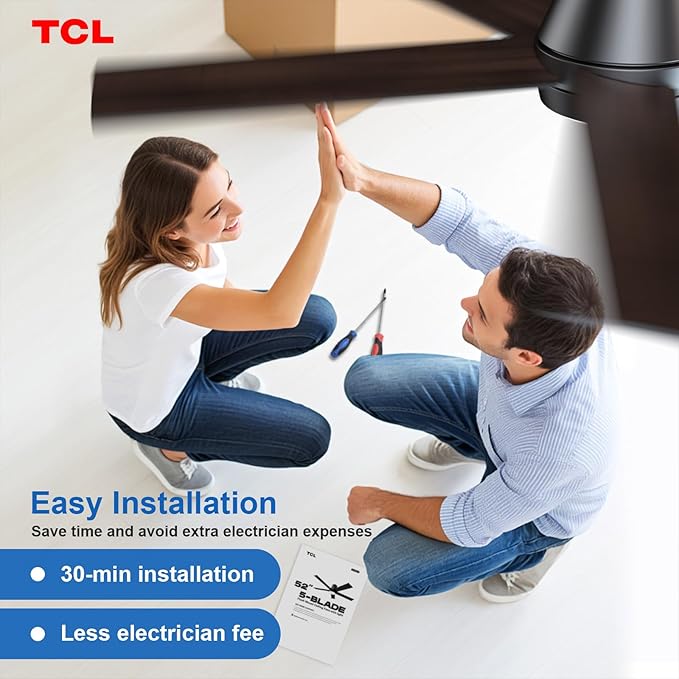 TCL 52" Ceiling Fan with Lights, Black Flush Mount Ceiling Fans with Remote Control, 6 Speeds DC Reversible, Dimmable, Noiseless, Low Profile Ceiling Fans for Bedroom