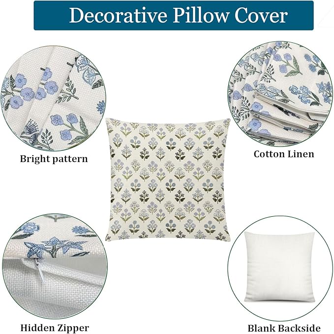 COMMINY Sage Green Blue Floral Pillow Cover 18x18 Set of 6 Minimalist Modern Throw Pillow Covers Square Cushion Covers for Couch Sofa Living Room Home Decor