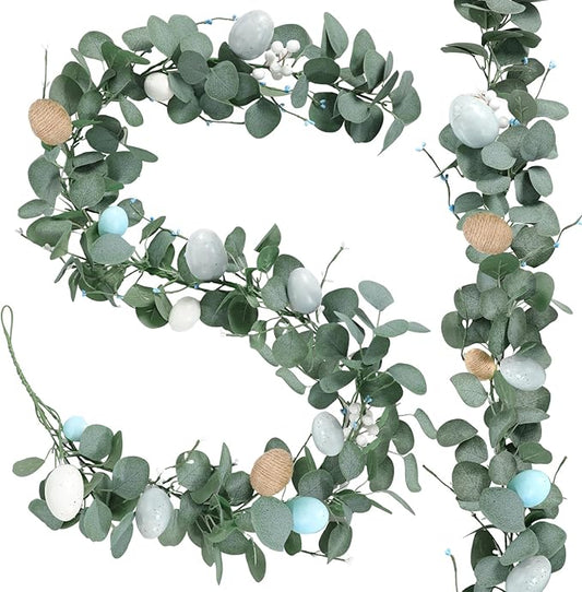 Zeyune 1 Pcs 6ft Long Easter Artificial Garland with Eggs Spring Mixed Eucalyptus Garland Farmhouse Hanging Rustic Easter Garlands Decor for Front Door Kitchen Fireplace Home Indoor Outdoor
